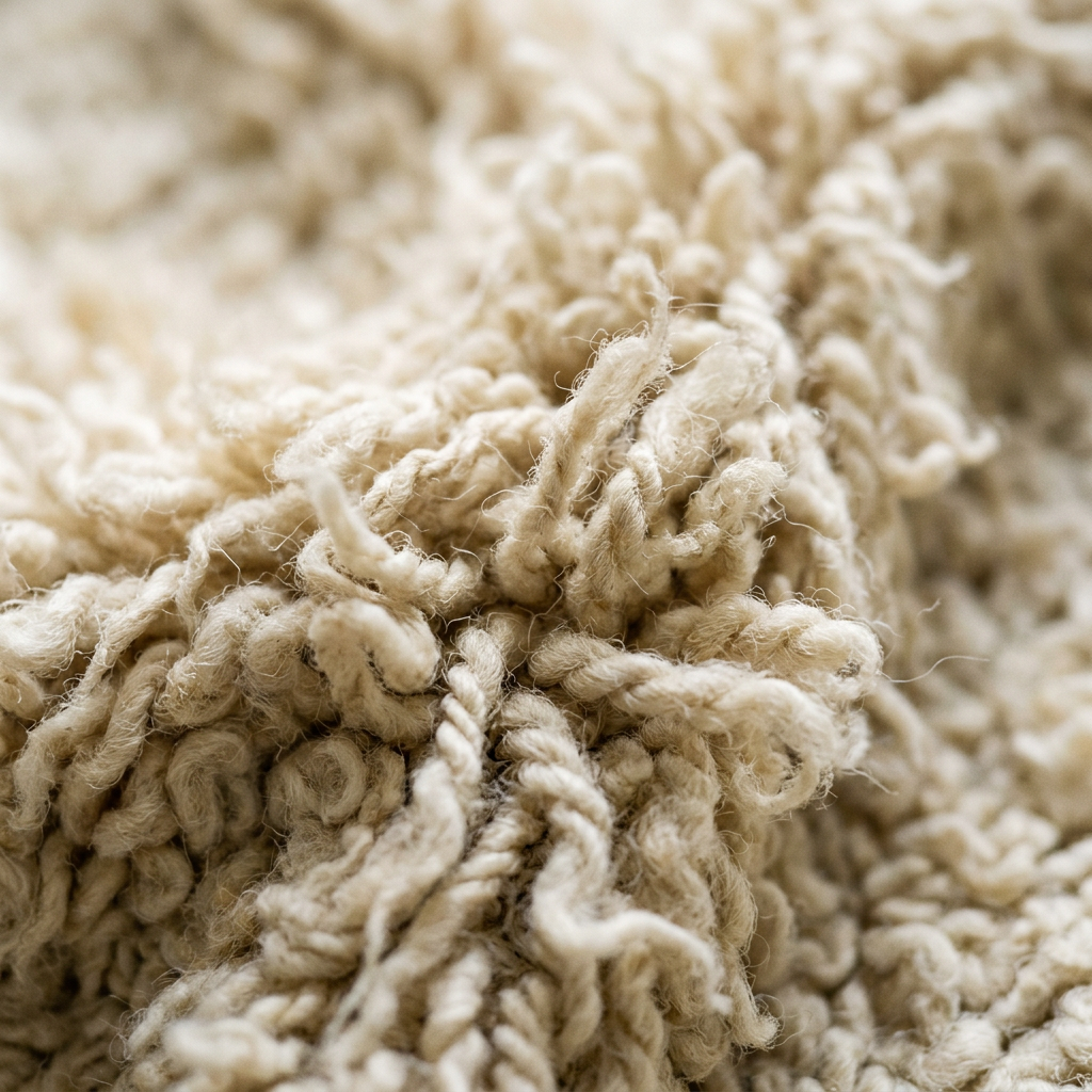 Macro close-up of raw cream wool pile on a handwoven rug
