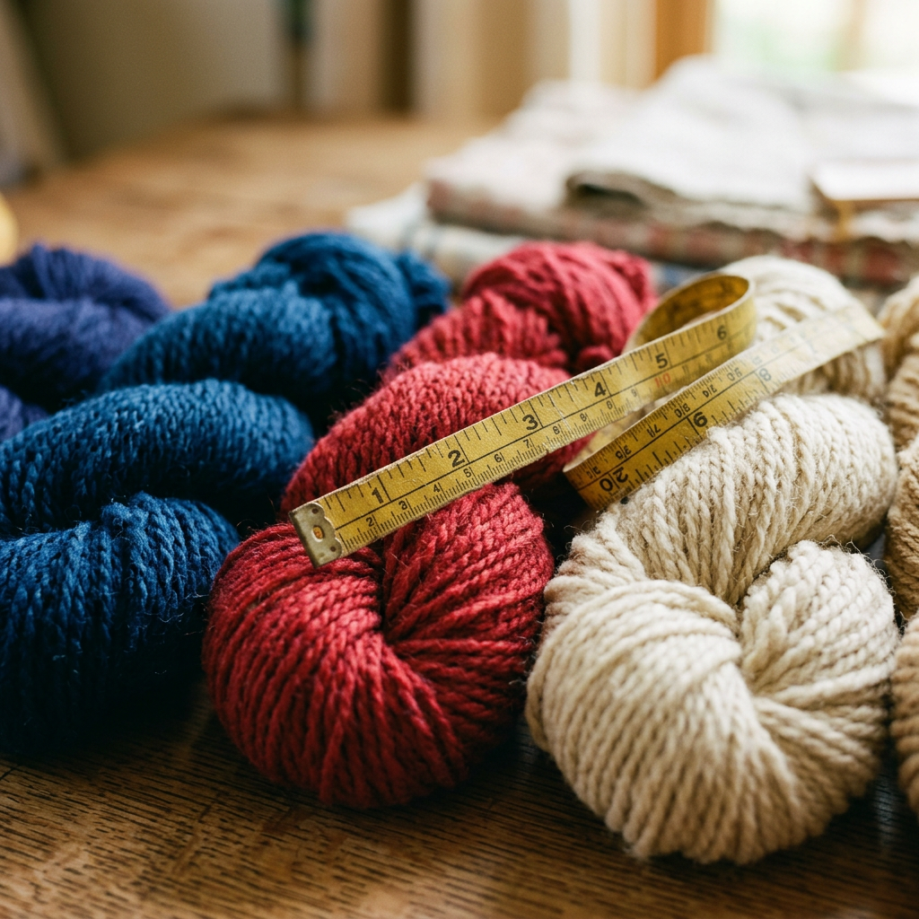 Naturally dyed wool yarn skeins with a measuring tape resting across them