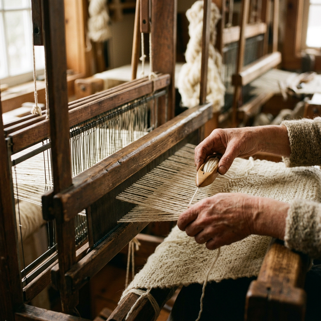 Close-up of a weaver's hands working wool yarn on a traditional loom