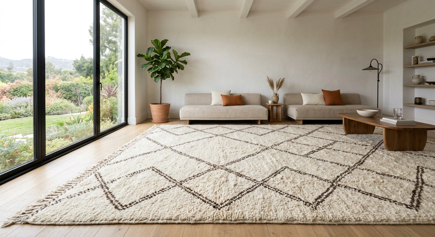 A large cream Beni Ourain wool rug filling a spacious living room floor