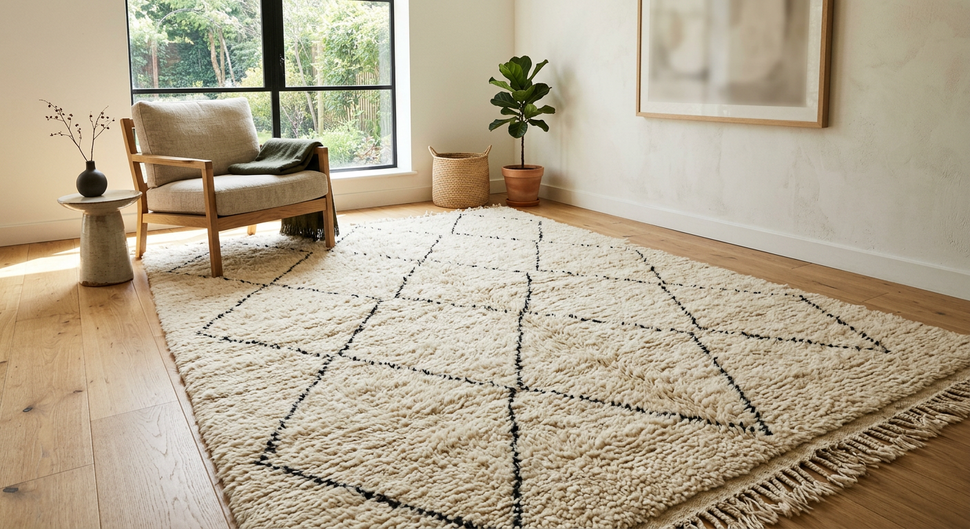 A close wide-angle view of a large thick-pile Beni Ourain wool rug