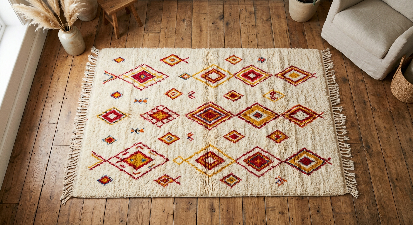 A medium Azilal-style wool rug with sparse colorful diamond motifs