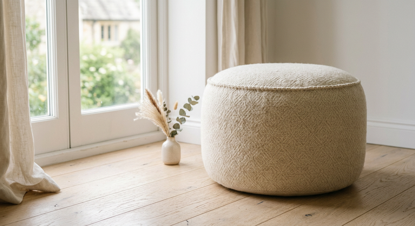 A round cream wool pouf