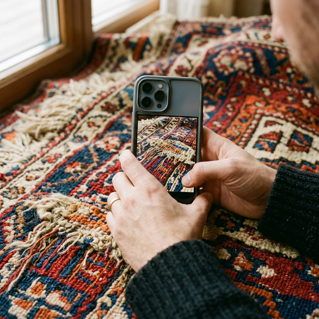 A hand photographing the woven texture of a rug in daylight