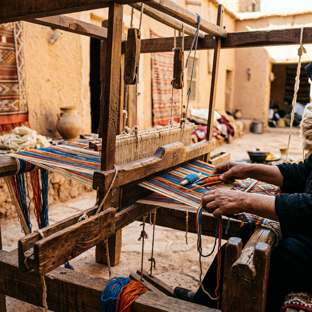A weaver working at a traditional loom in a sunlit courtyard
