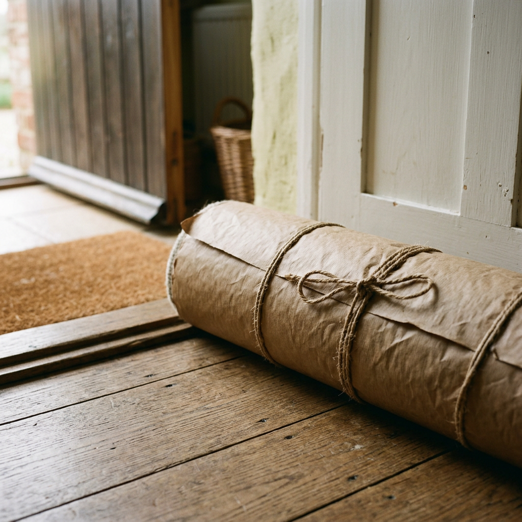 A wool rug rolled and wrapped in kraft paper, ready to ship