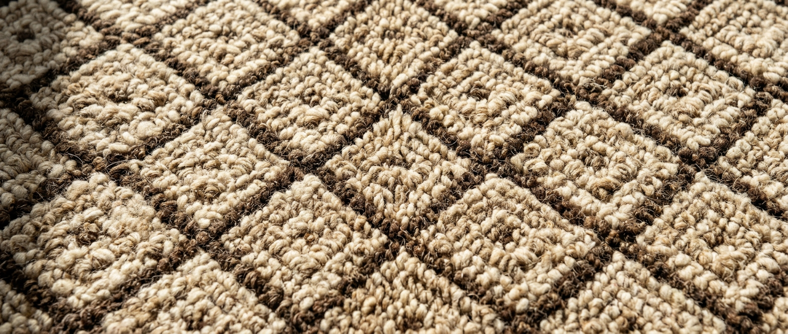 Extreme close-up of a handwoven wool rug's diamond knot texture